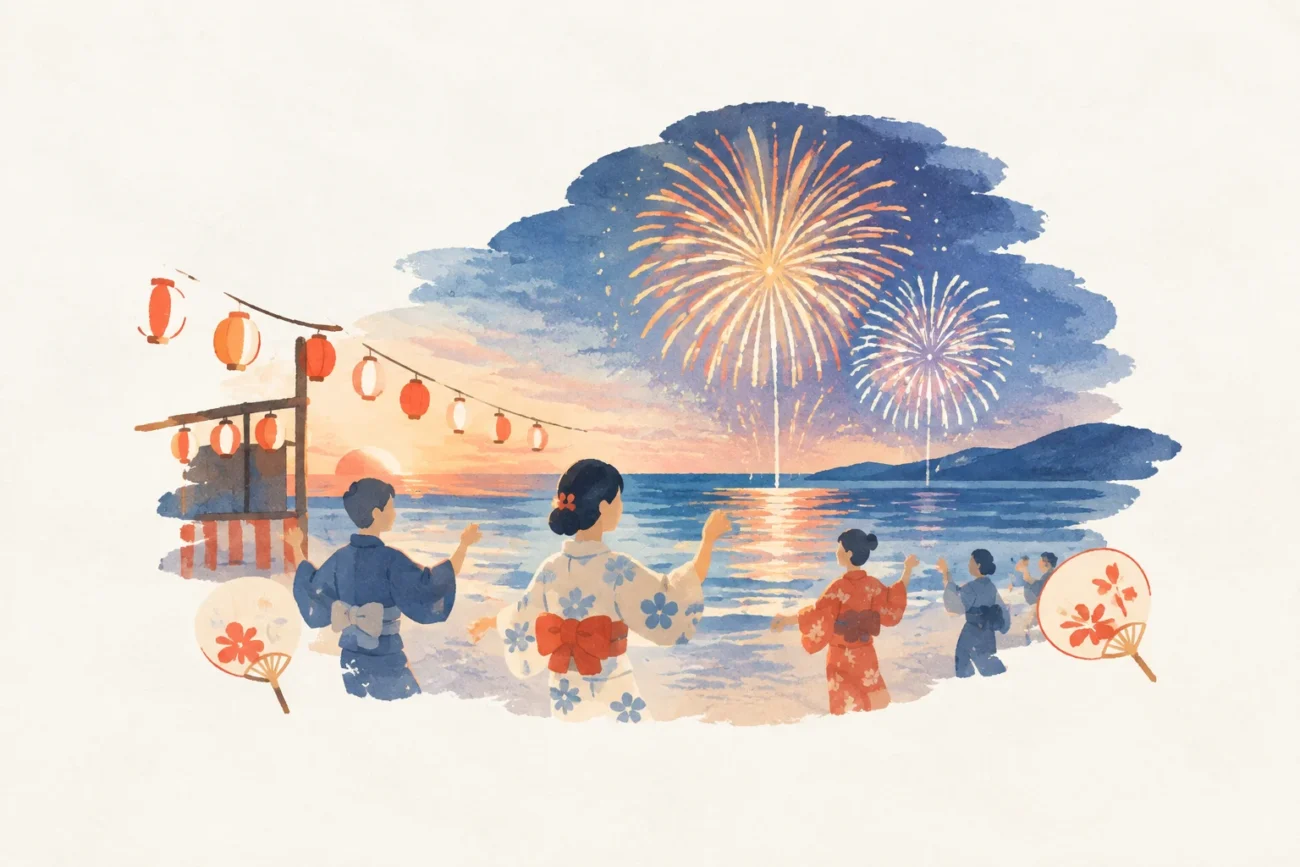 夕日ヶ浦納涼花火大会をテーマにした祭りのイメージ
