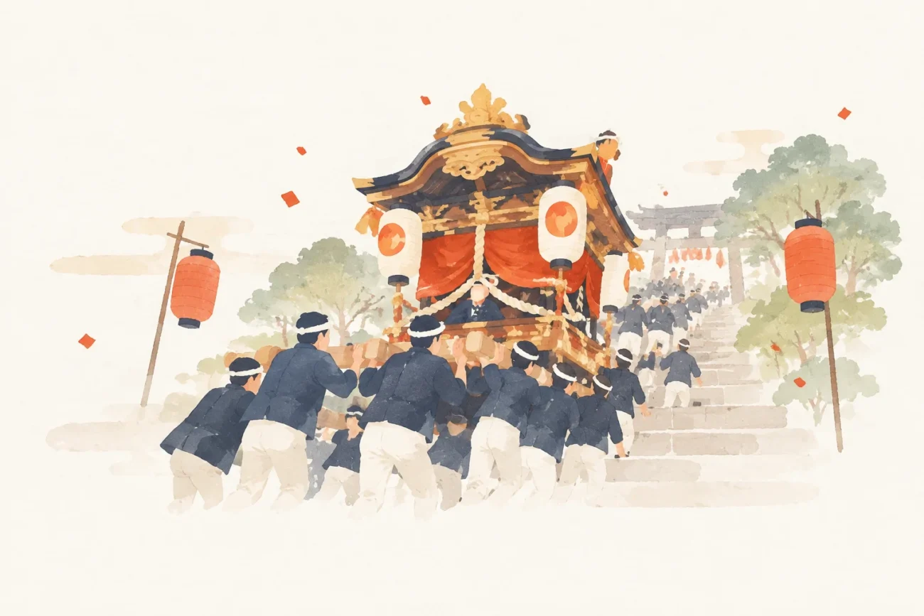 大宮八幡宮例大祭宮入宮出の屋台練りをテーマにした祭りのイメージ