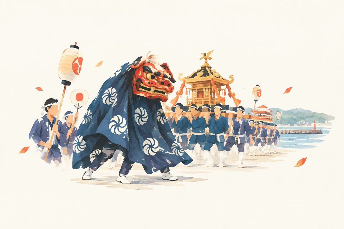 印南八幡の重箱獅子と祭をテーマにした祭りのイメージ