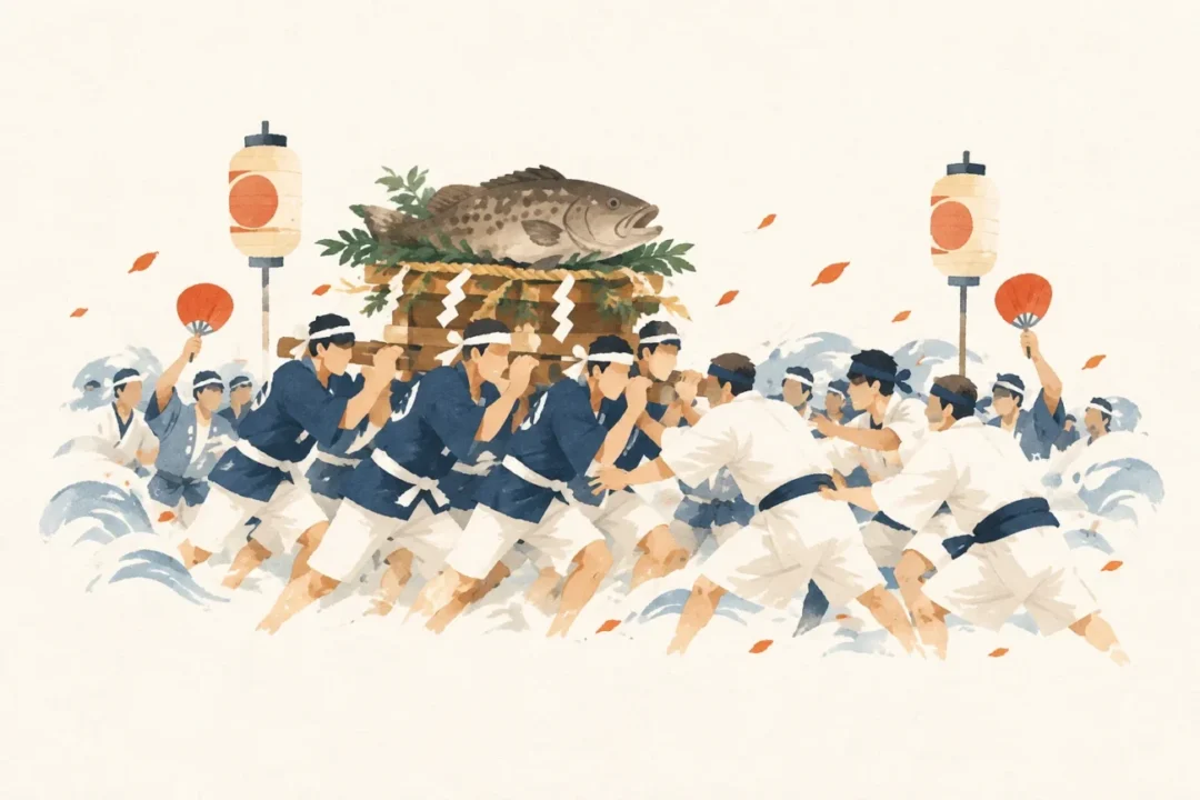 阿尾のクエ祭をテーマにした祭りのイメージ