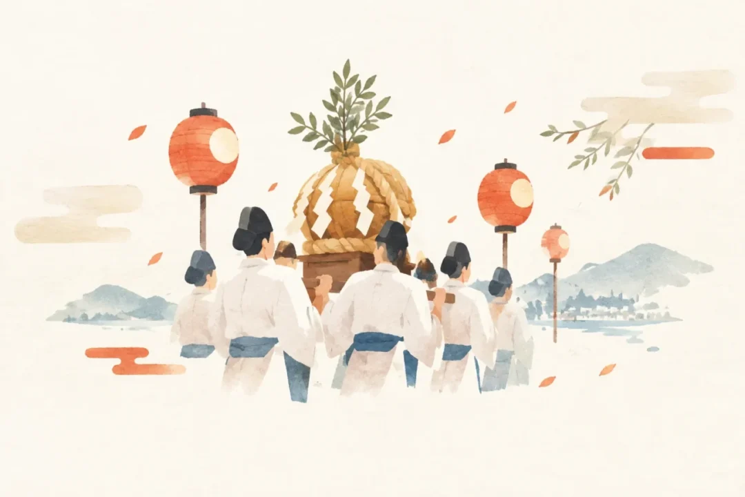 亀森八幡宮オハキ神事をテーマにした祭りのイメージ