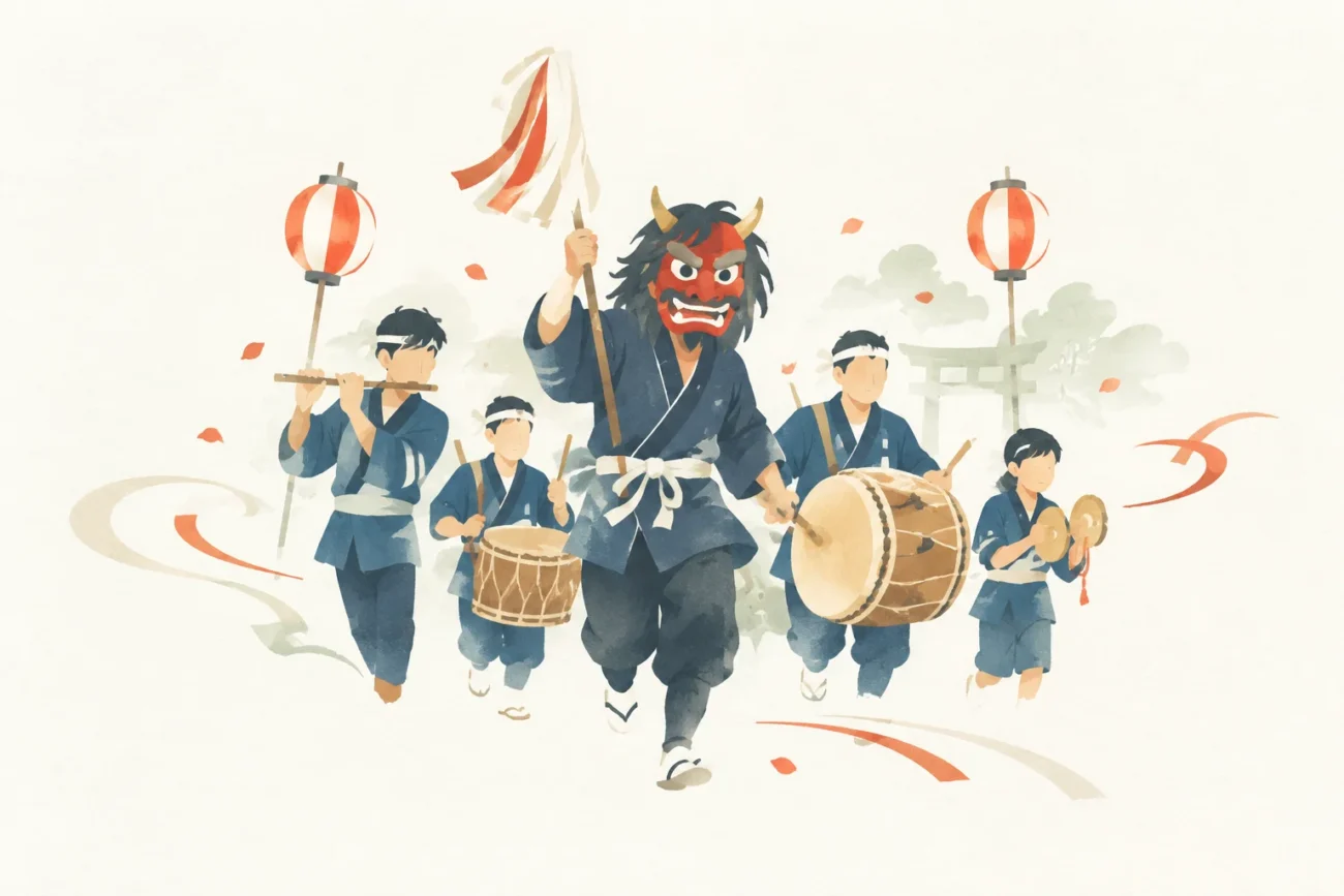 亀山八幡の祭りはやし行事をテーマにした祭りのイメージ