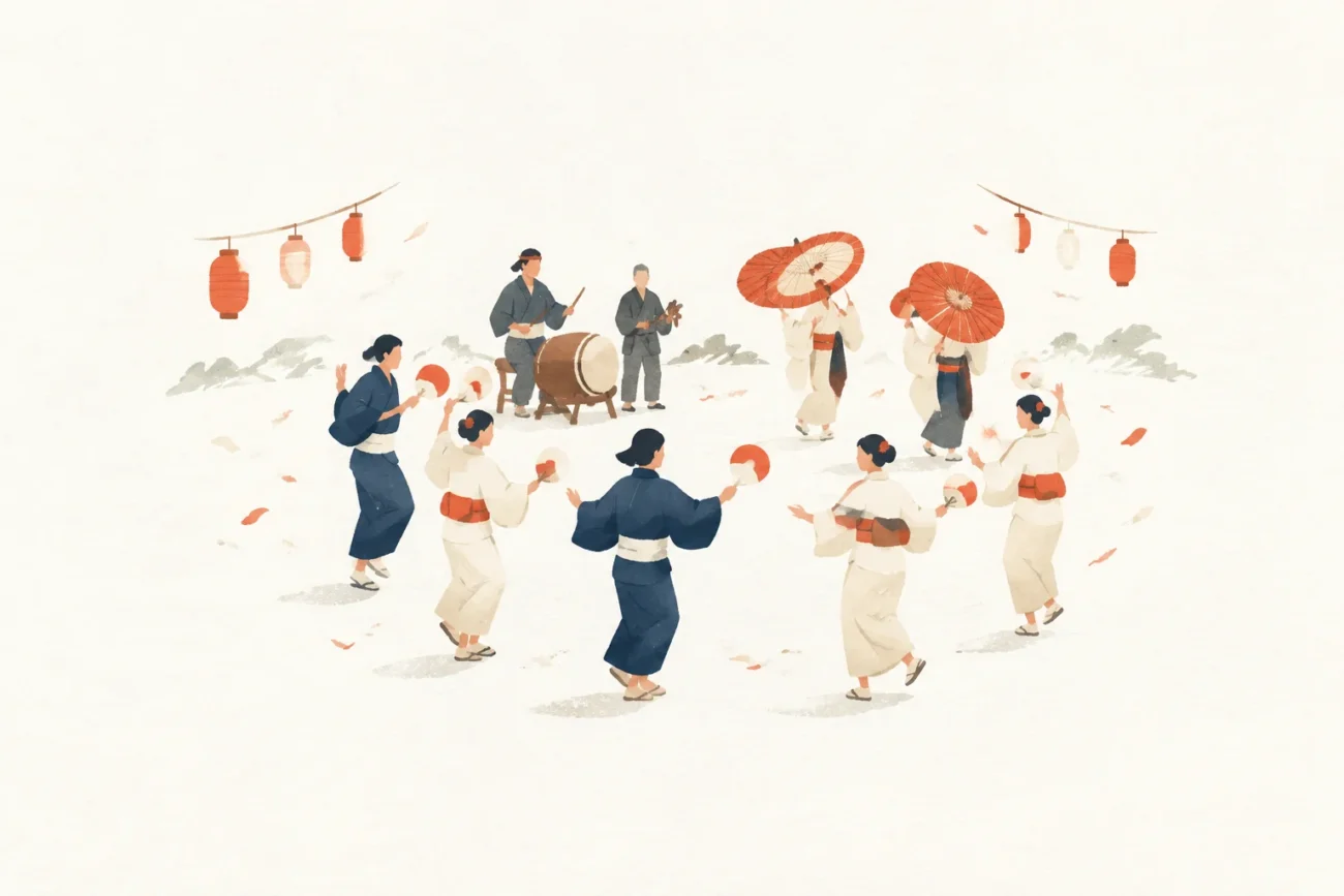 湯木の盆踊りをテーマにした祭りのイメージ