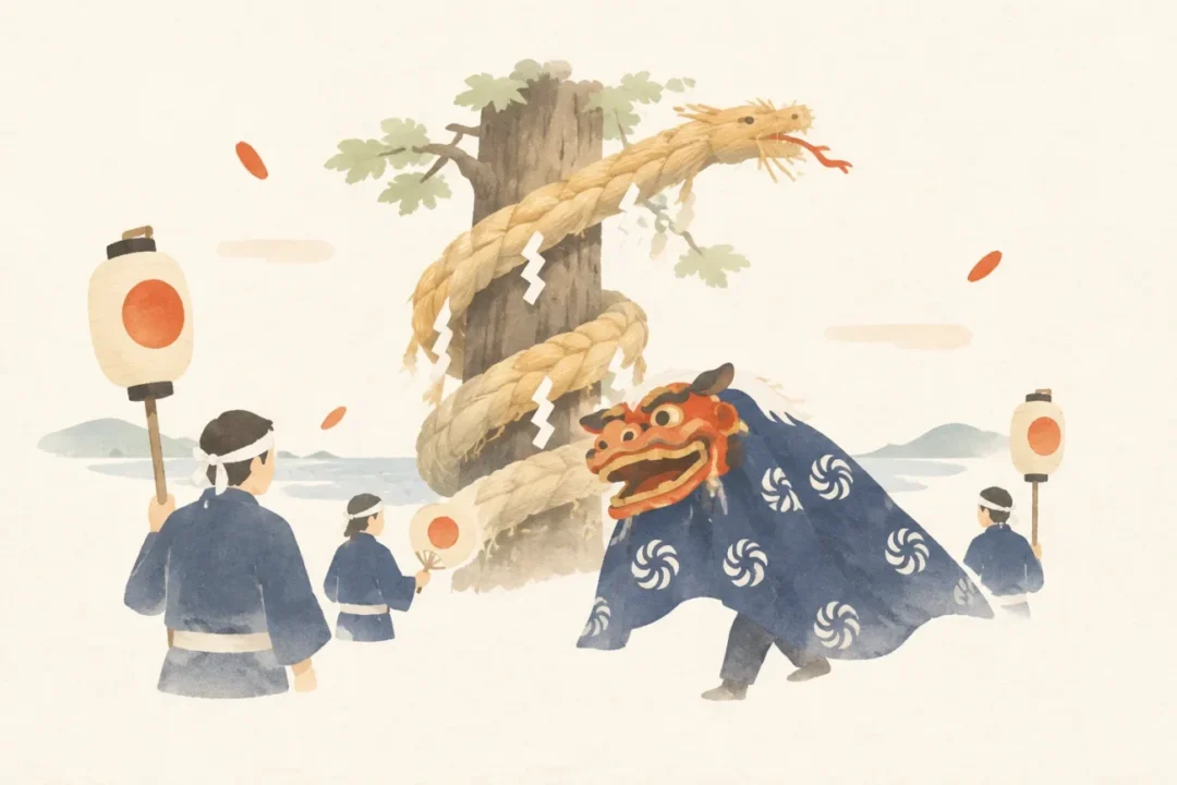 疫神社の厄祓いの祭礼をテーマにした祭りのイメージ