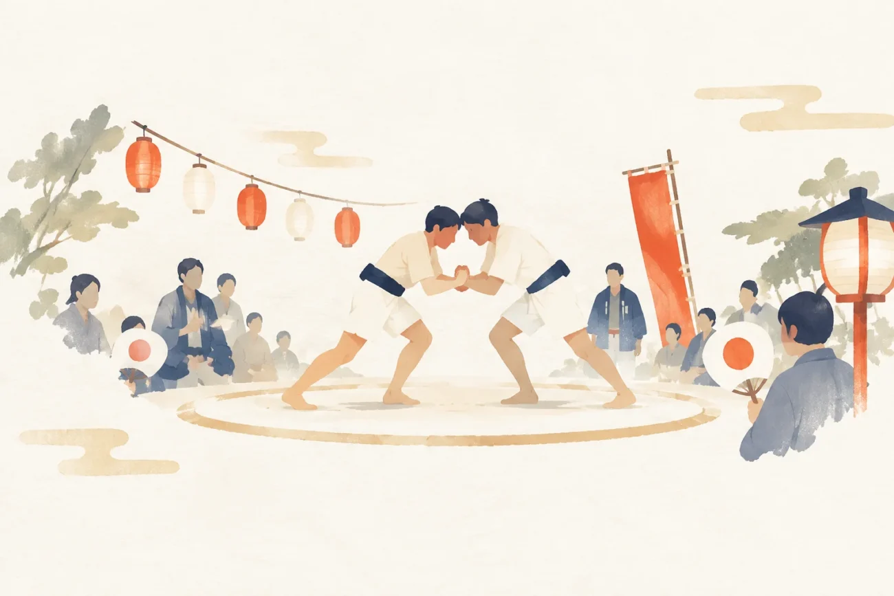 玉祖神社の占手相撲をテーマにした祭りのイメージ