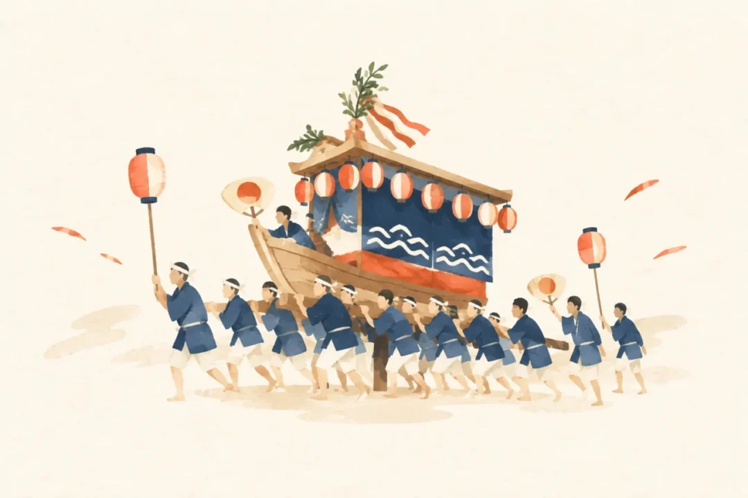 長原若宮神社の船壇尻と練りをテーマにした祭りのイメージ