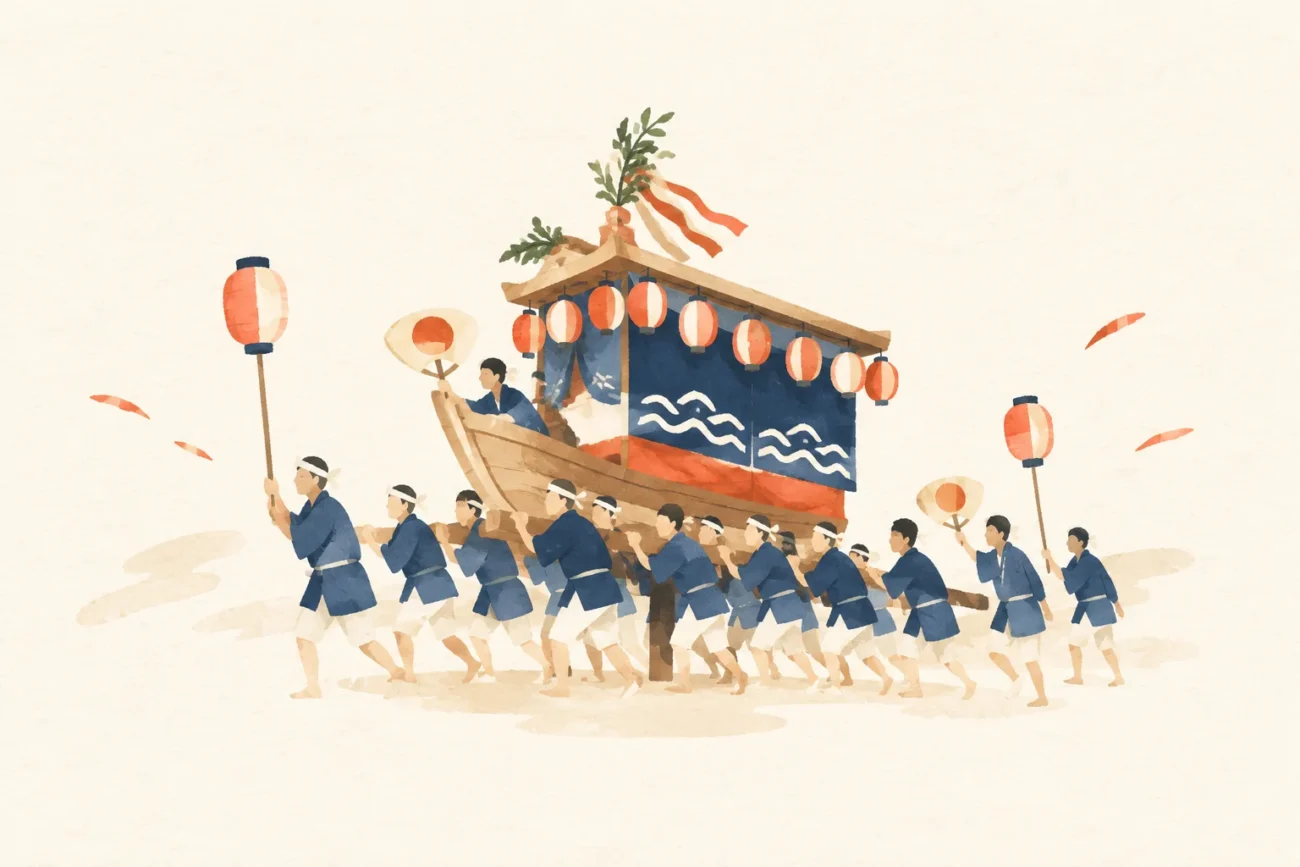 長原若宮神社の船壇尻と練りをテーマにした祭りのイメージ