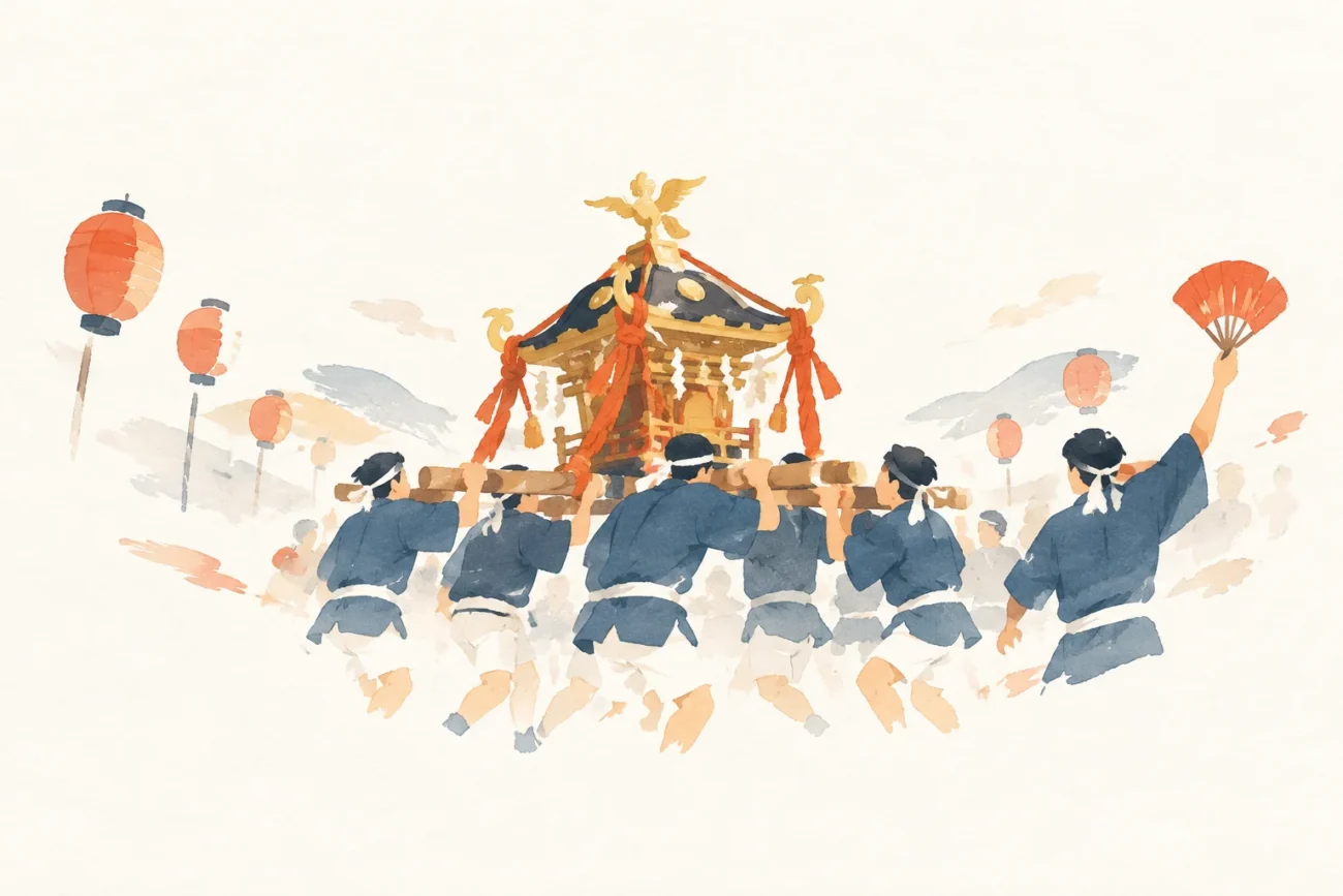 塚原稲荷神社あばれ御輿巡行をテーマにした祭りのイメージ