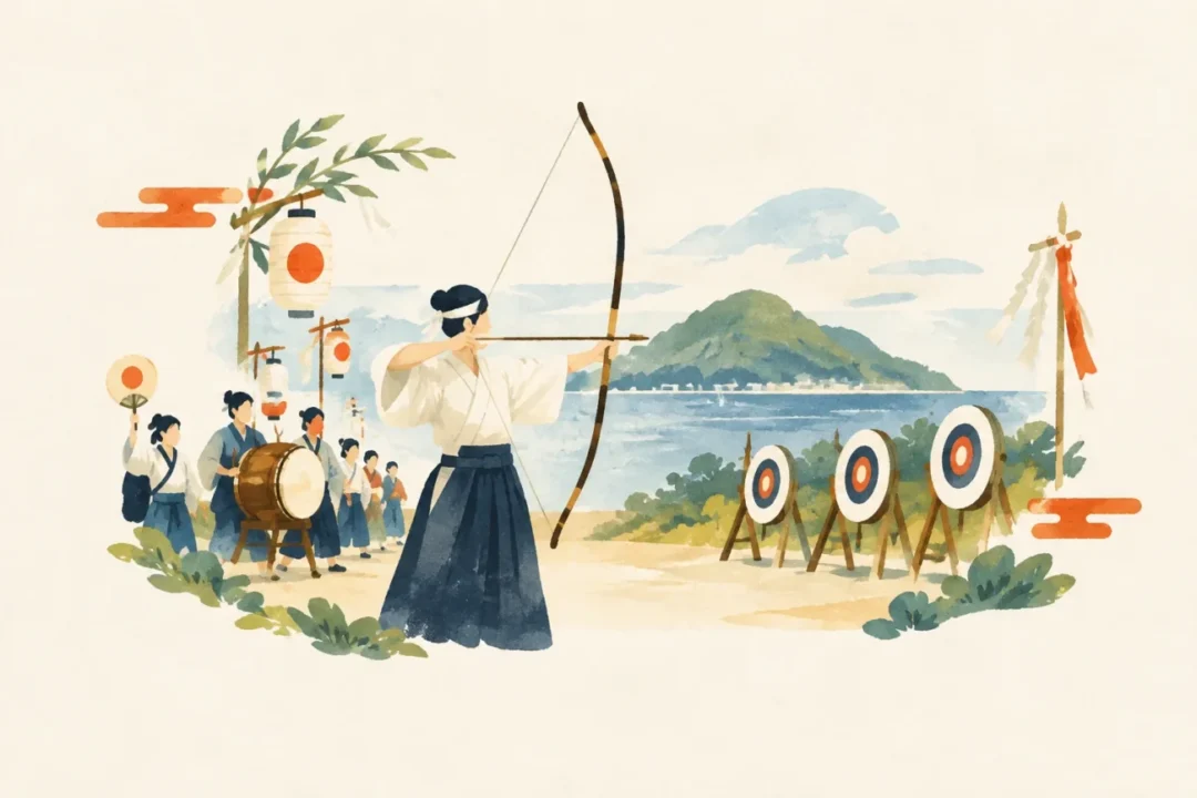 岡村島の弓祈祷をテーマにした祭りのイメージ