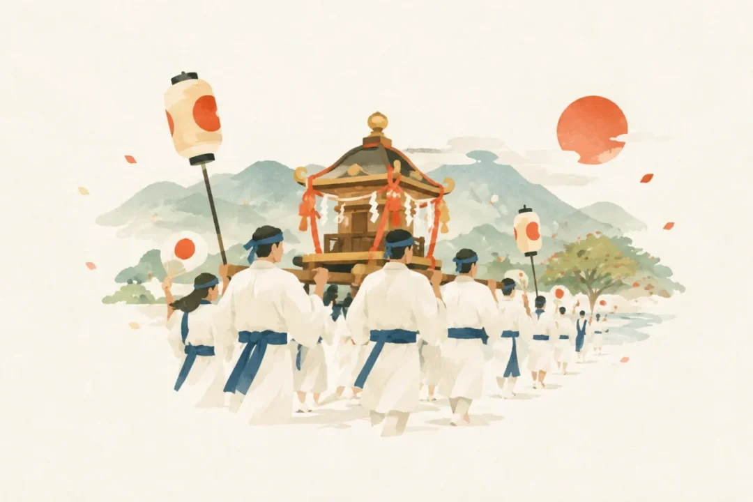 大川上美良布神社の御神幸をテーマにした祭りのイメージ