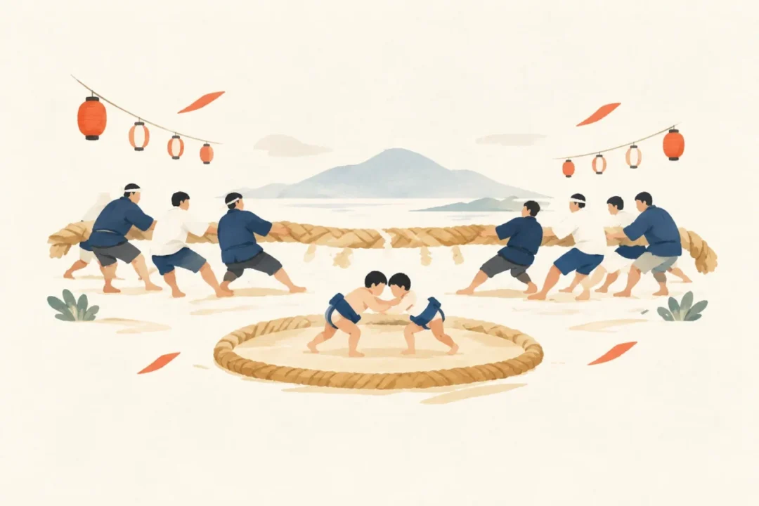 大入盆綱引きをテーマにした祭りのイメージ