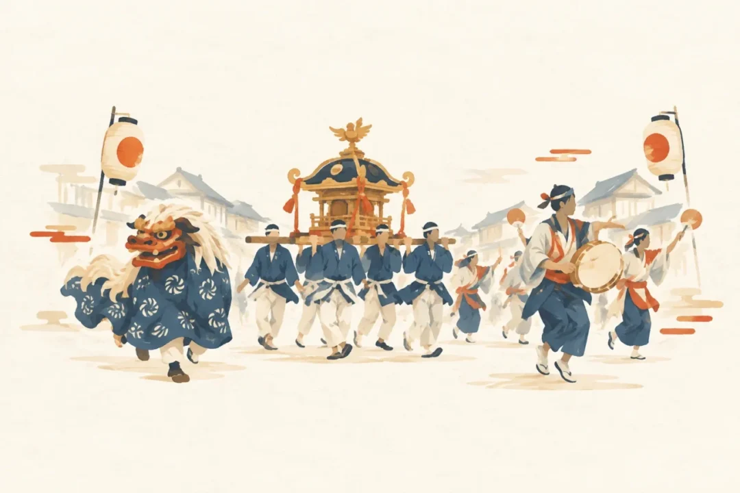 琴路神社の神幸祭行事をテーマにした祭りのイメージ