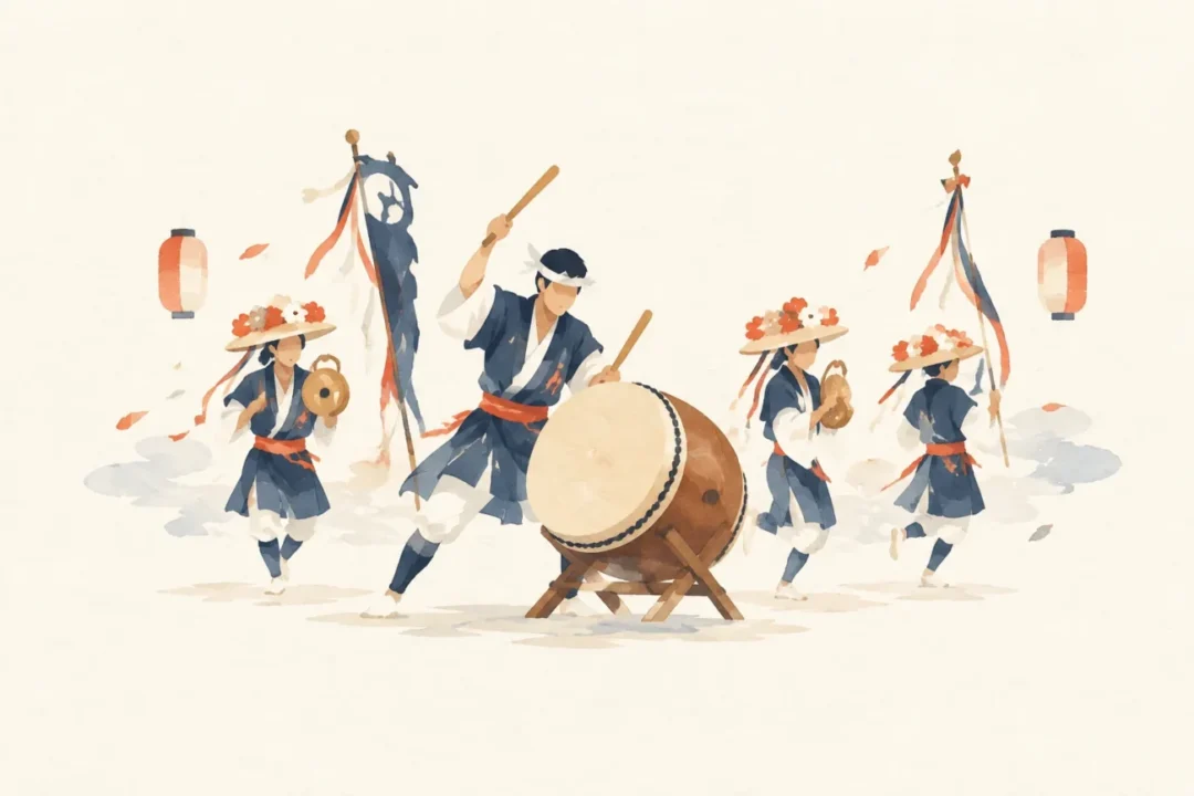 元村楽太鼓踊(諏訪神社例祭に伴う芸能)をテーマにした祭りのイメージ