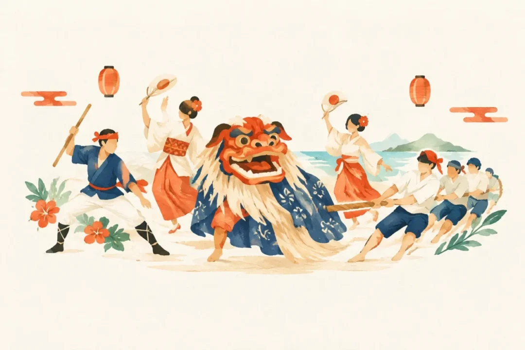 新里の豊年祭をテーマにした祭りのイメージ