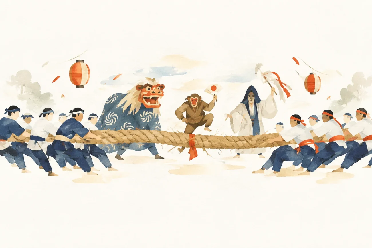 A festival-themed illustration of the Maezato Great Tug-of-War