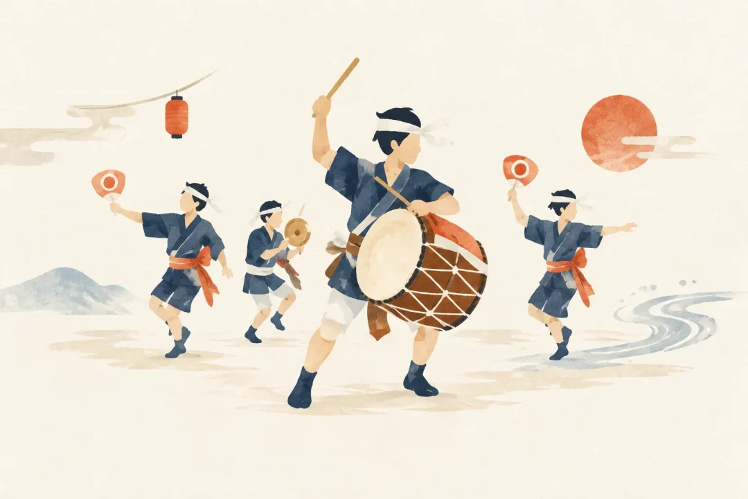 下水流臼太鼓踊をテーマにした祭りのイメージ
