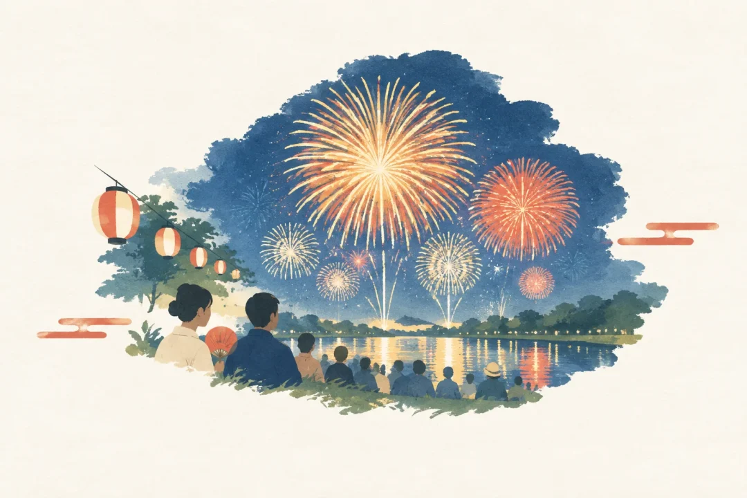 立川まつり国営昭和記念公園花火大会をテーマにした祭りのイメージ