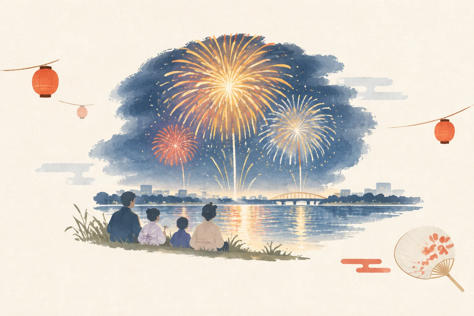Festival-themed image of the Chofu City Fireworks Festival