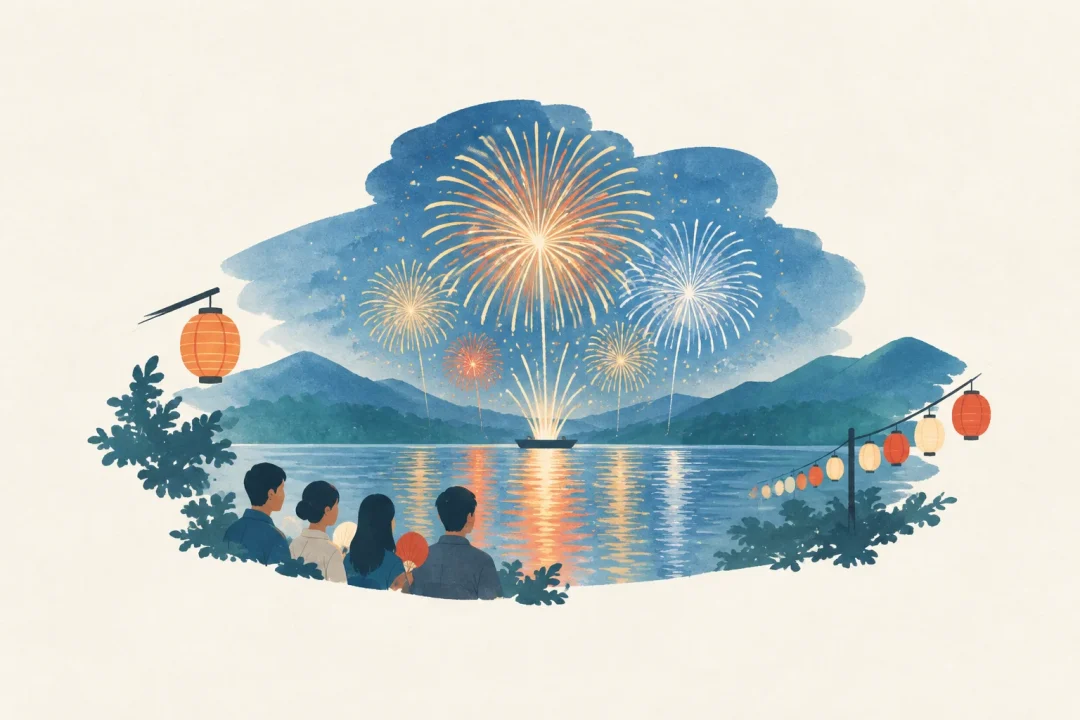 さがみ湖湖上祭花火大会をテーマにした祭りのイメージ