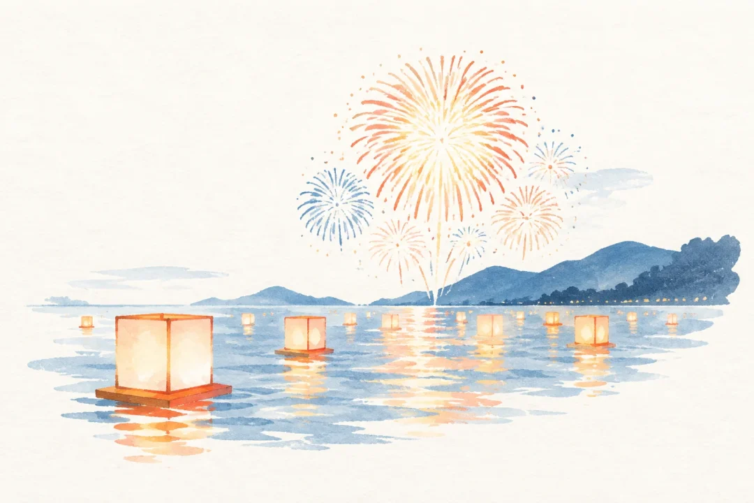 とうろう流しと大花火大会をテーマにした祭りのイメージ