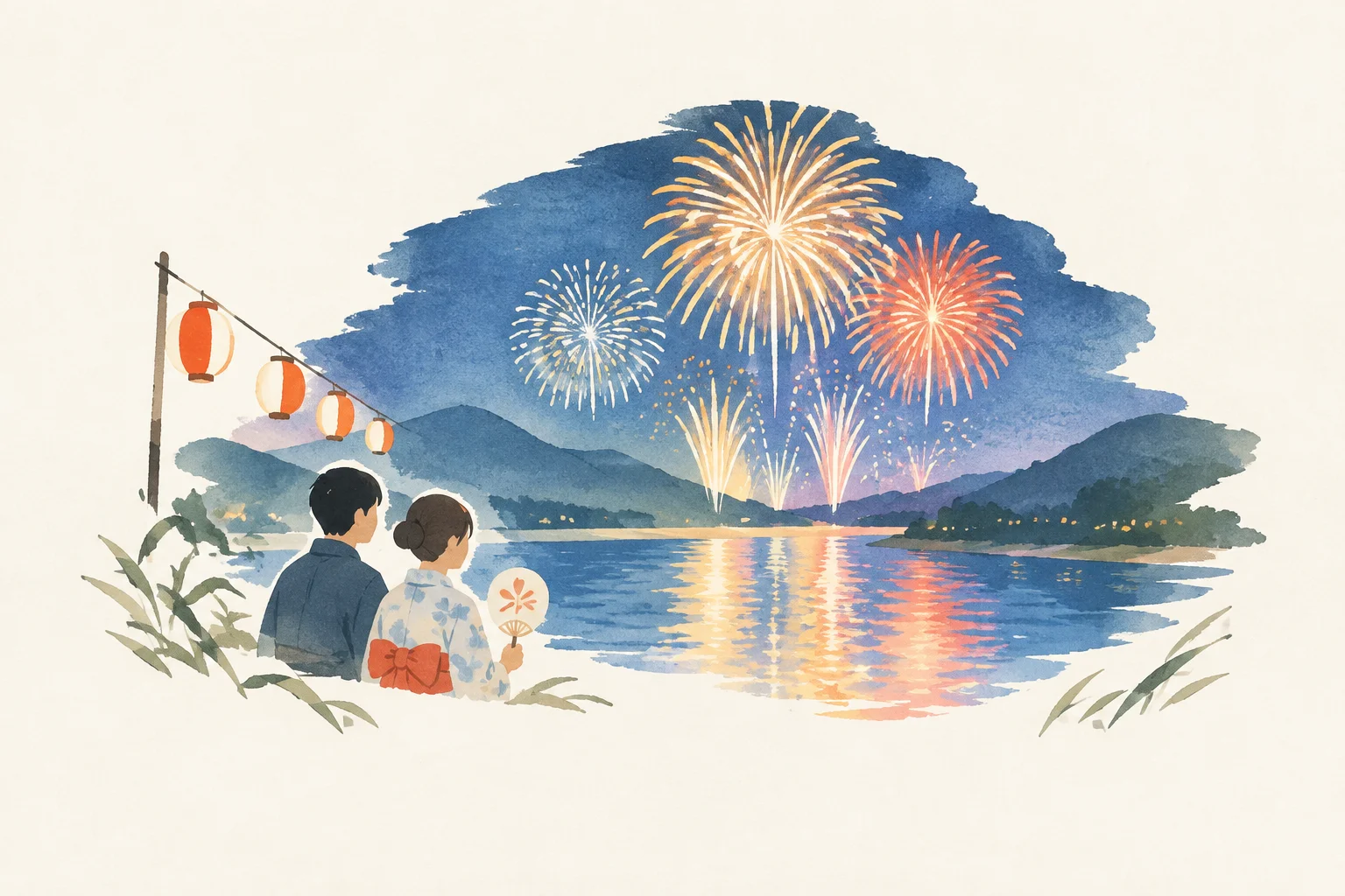 Illustration of a festival themed around the Itadori River Fireworks Festival