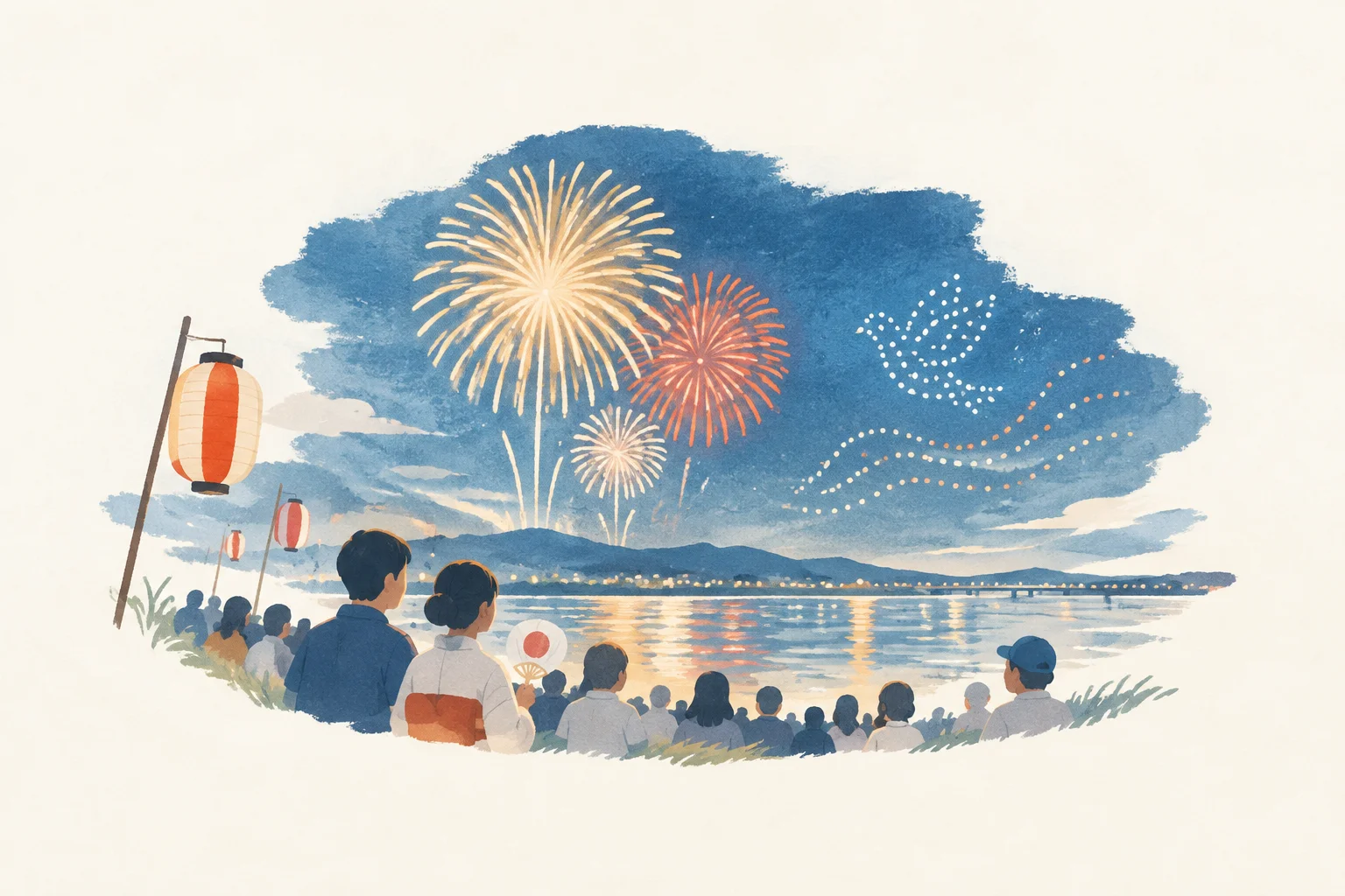 Festival-themed image of the Abekawa Fireworks Festival