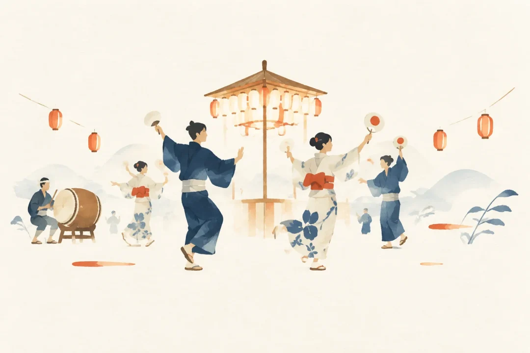 有東木の盆踊をテーマにした祭りのイメージ