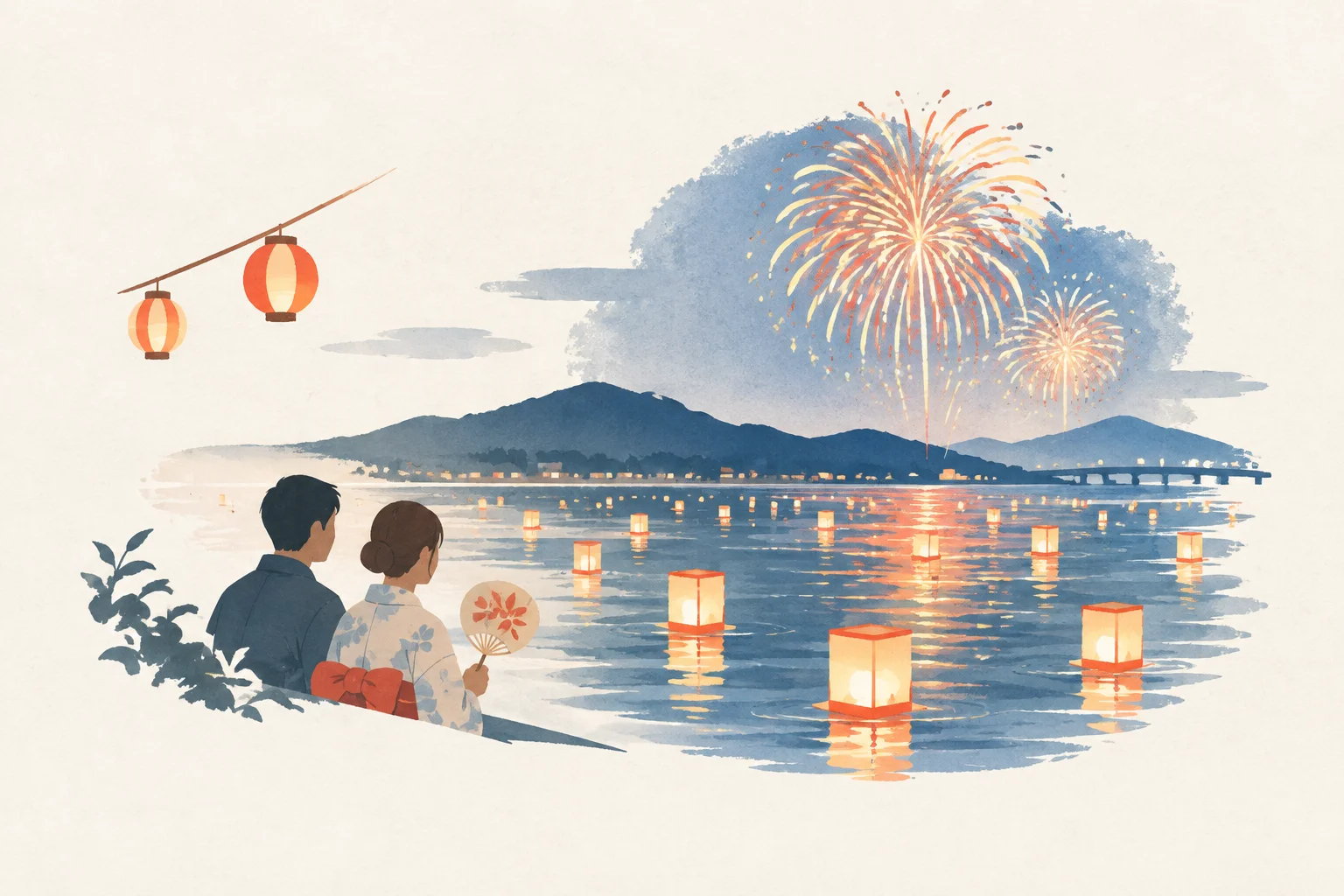 浜名湖かんざんじ温泉灯篭流し花火大会をテーマにした祭りのイメージ