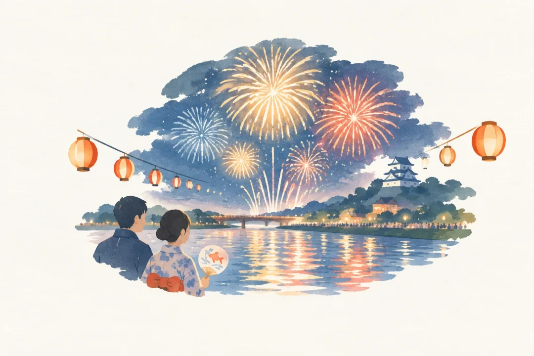 岡崎城下家康公夏まつり花火大会をテーマにした祭りのイメージ