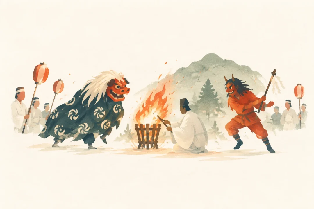 夏山八幡宮火祭りをテーマにした祭りのイメージ