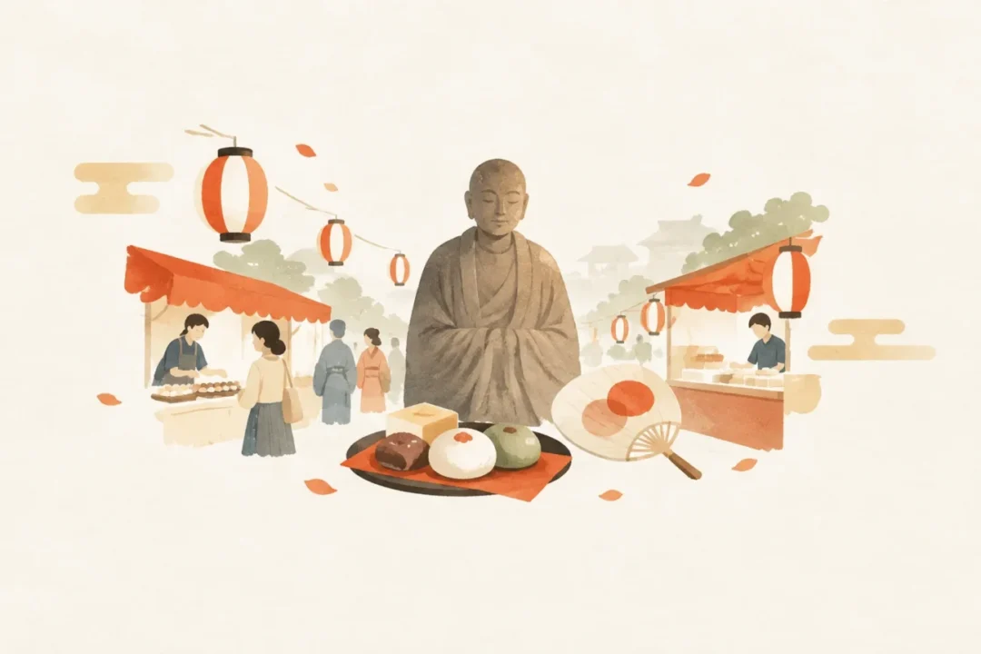 鑑真和上のあまいもん縁日をテーマにした祭りのイメージ