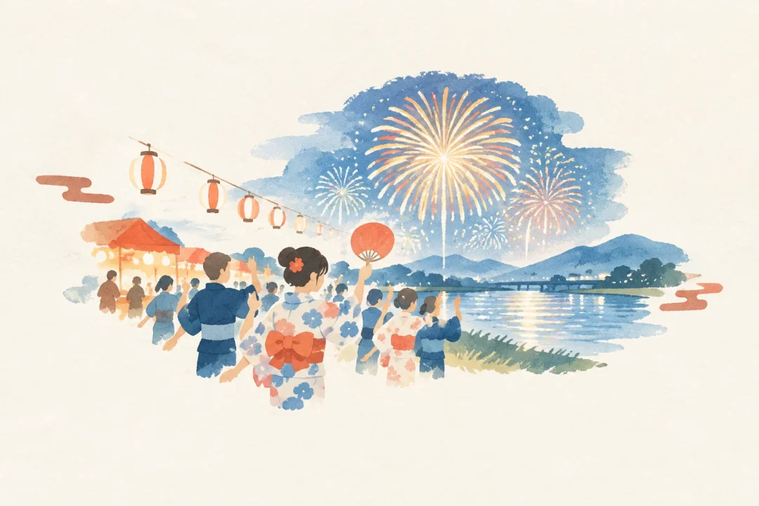 ドッコイセ福知山花火大会をテーマにした祭りのイメージ