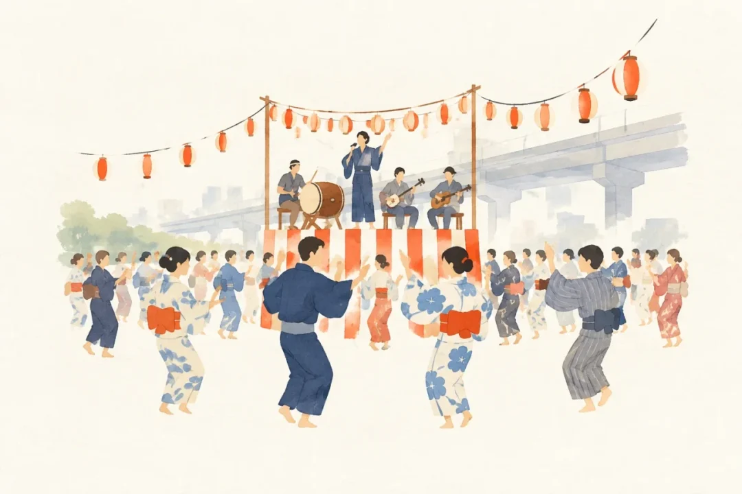 すみだ錦糸町河内音頭大盆踊りをテーマにした祭りのイメージ