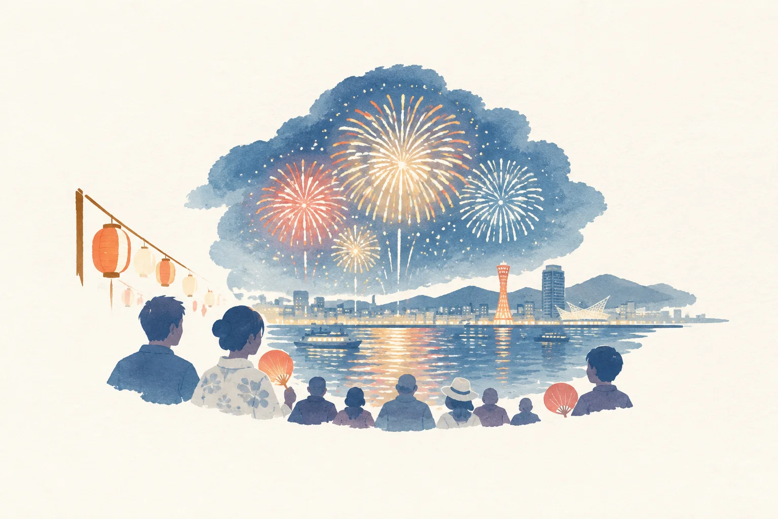 An illustration of a festival themed around the Minato Kobe Marine Fireworks Festival