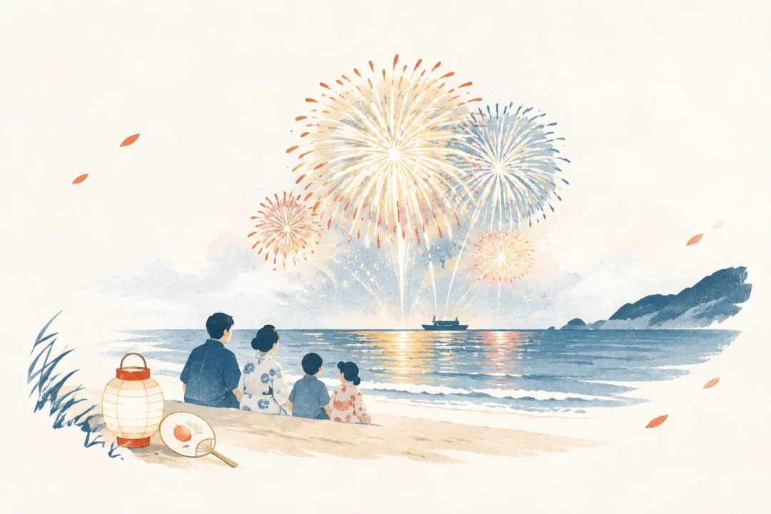 たけの海上花火大会をテーマにした祭りのイメージ