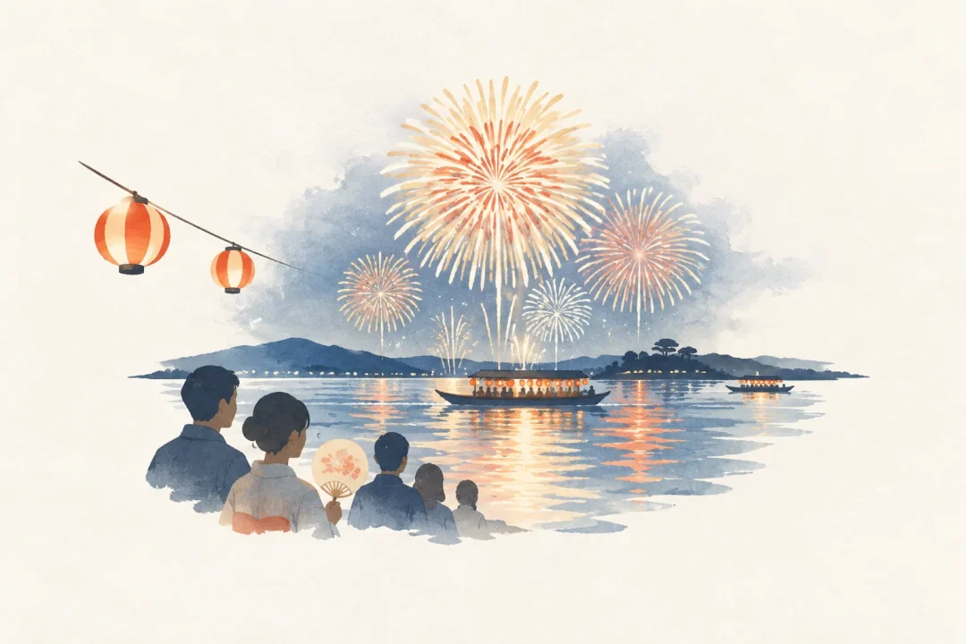松江水郷祭湖上花火大会をテーマにした祭りのイメージ