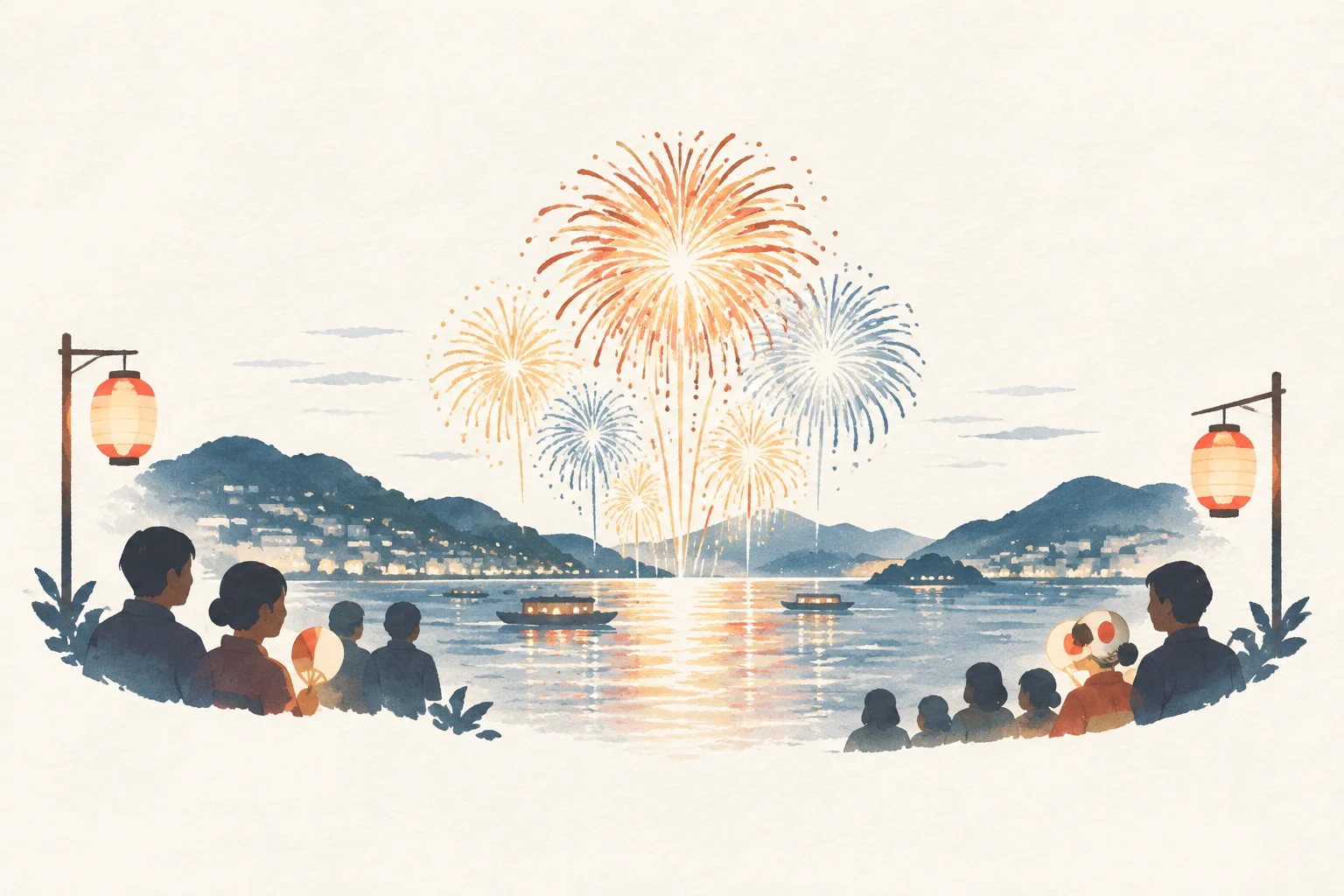 A festival-themed image of the Onomichi Sumiyoshi Fireworks Festival