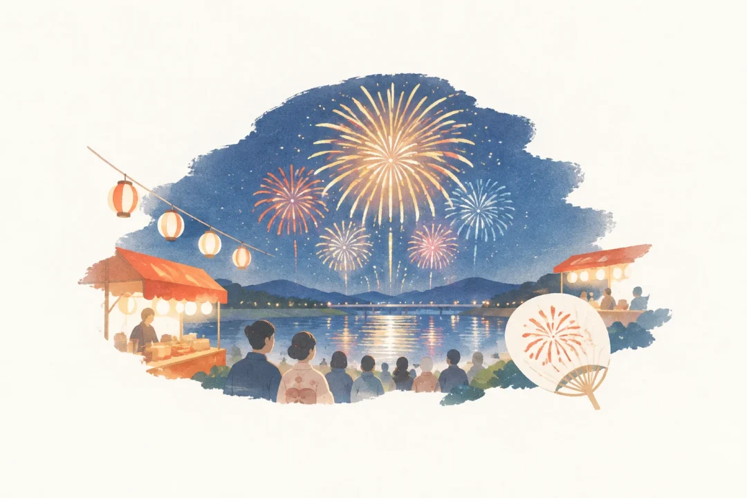 吉野川市納涼花火大会をテーマにした祭りのイメージ