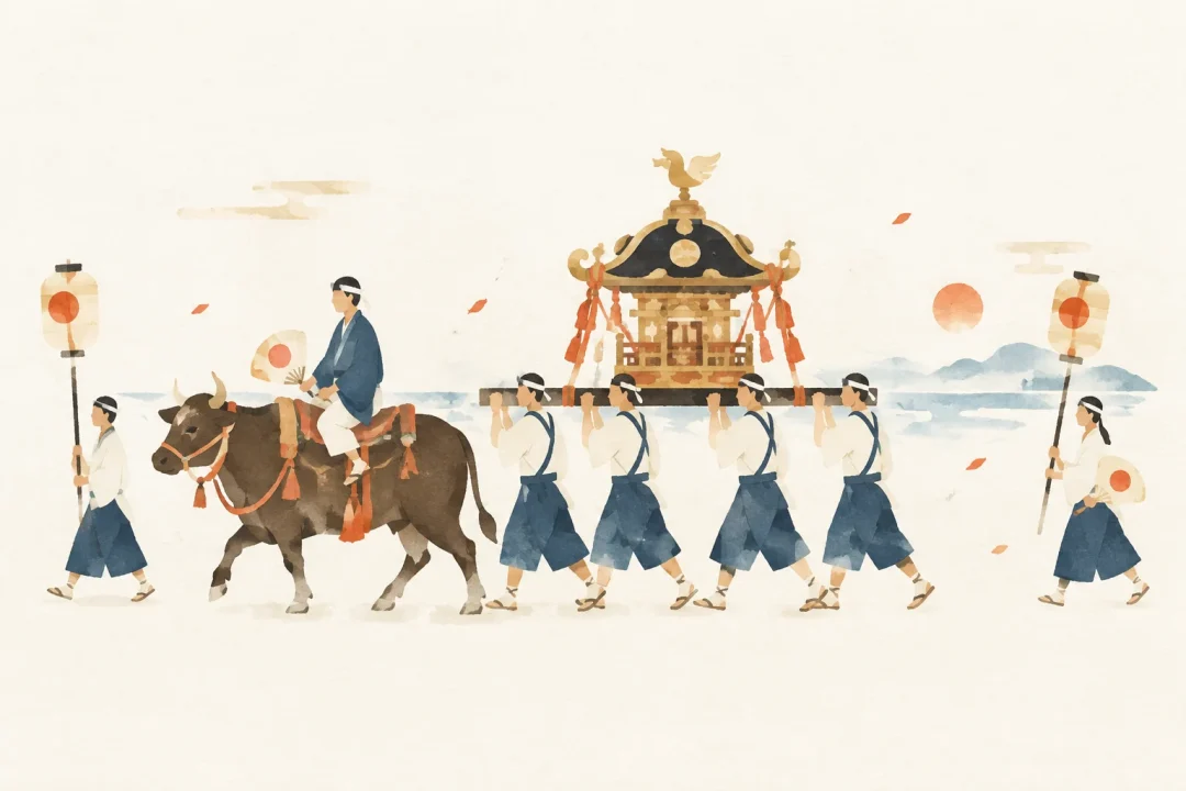東湖八坂神社のトウニン(統人)行事をテーマにした祭りのイメージ