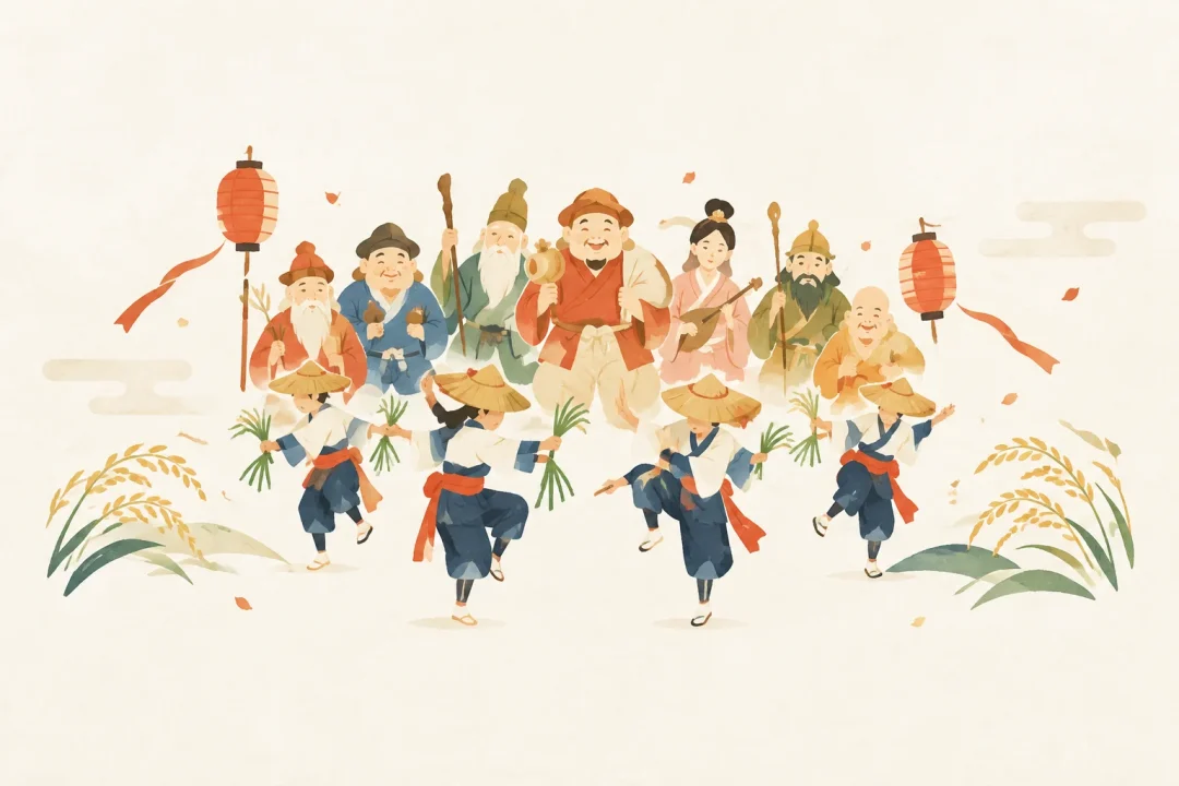 石井の七福神と田植踊をテーマにした祭りのイメージ