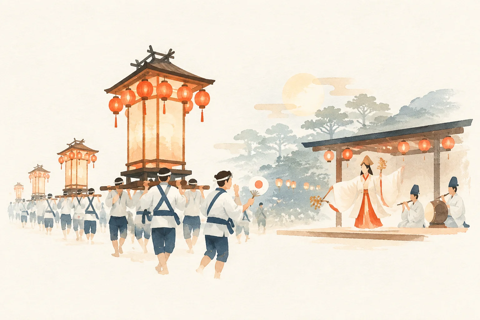 弥彦神社燈篭おしと舞楽をテーマにした祭りのイメージ