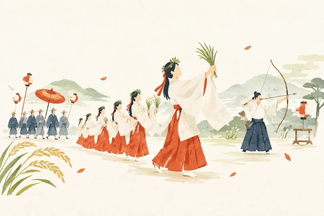 法多山の田遊びをテーマにした祭りのイメージ