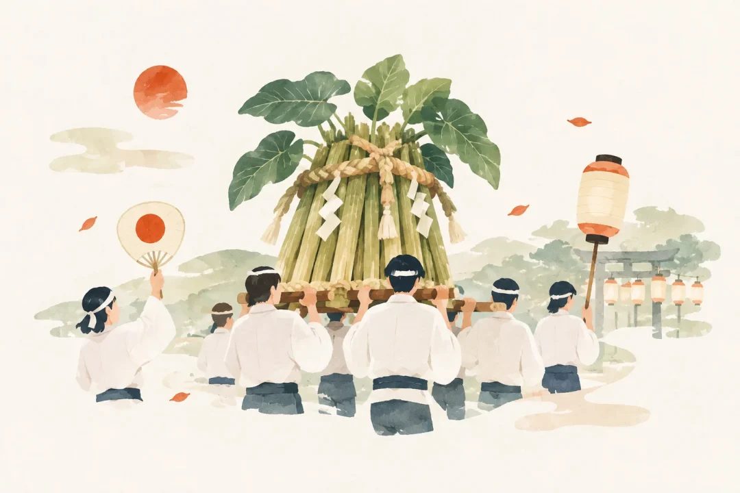 三上のずいき祭をテーマにした祭りのイメージ