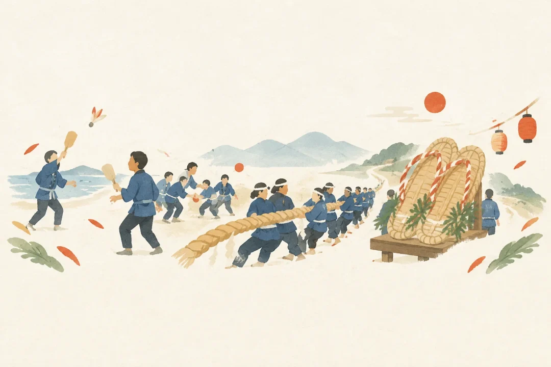 下崎山のヘトマト行事をテーマにした祭りのイメージ