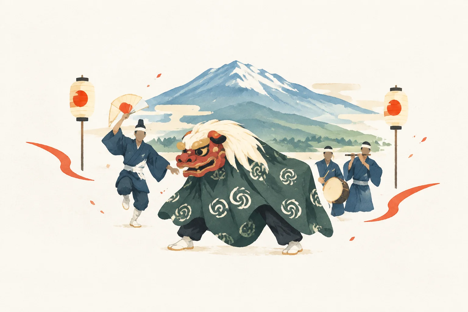 鳥海山北麓の獅子舞番楽をテーマにした祭りのイメージ