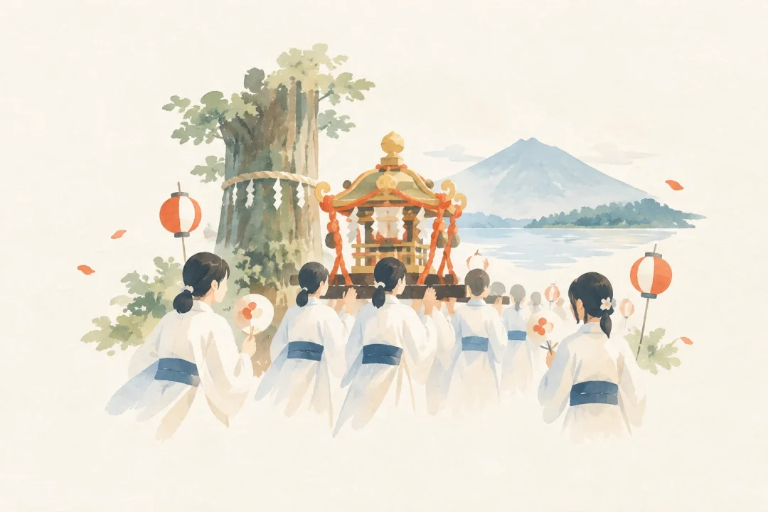 山中の安産祭をテーマにした祭りのイメージ