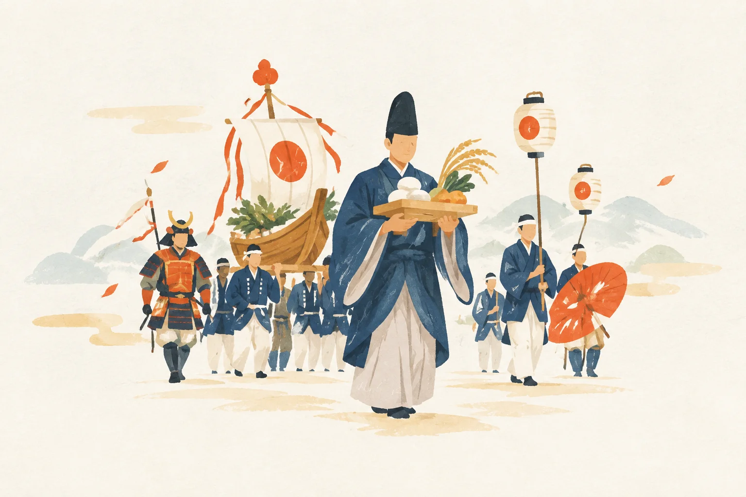 An image of a festival themed around the To-nin Festival of Takemizuwake Shrine