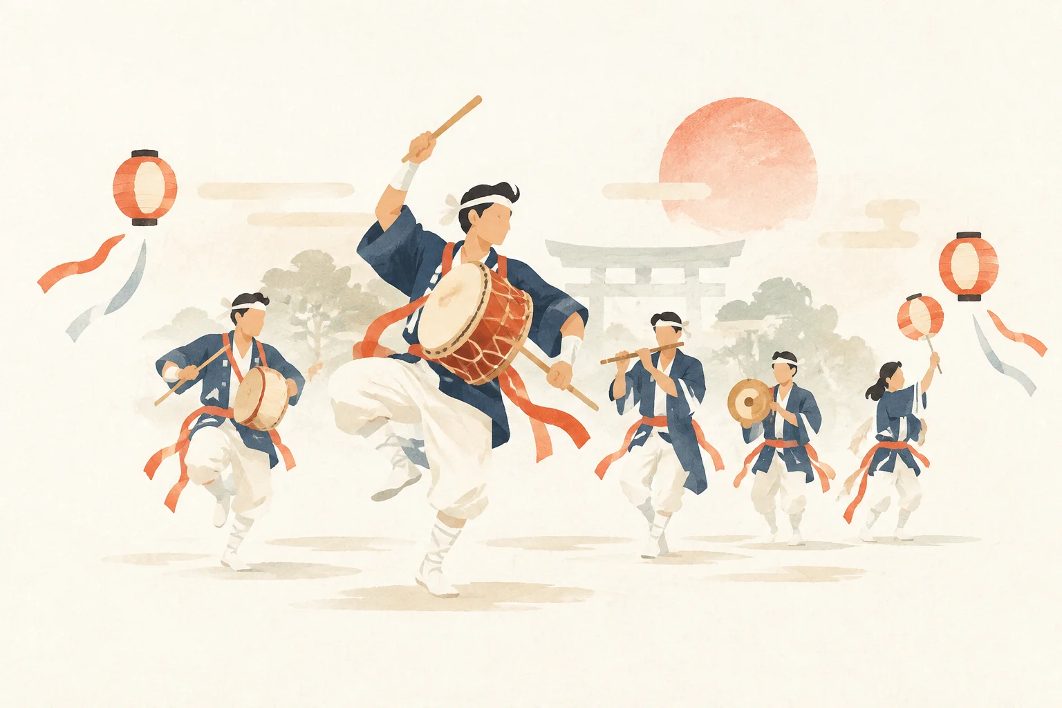 An illustration of a festival themed around Asahi Hōnen Taiko Odori