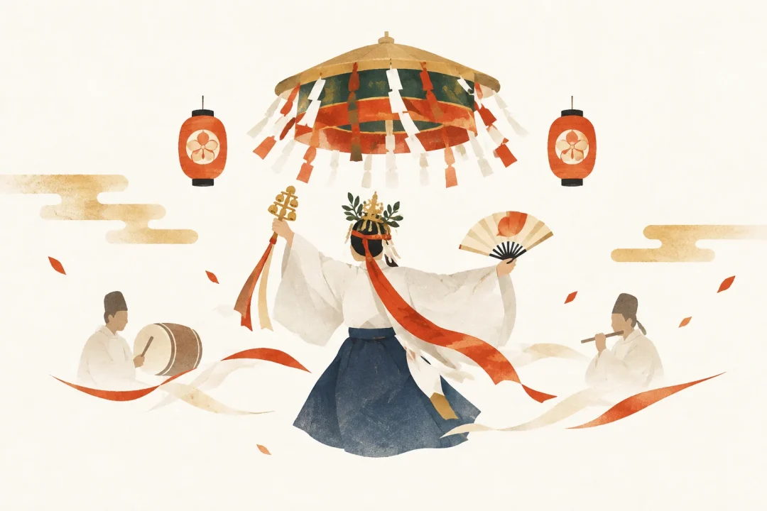 槻の屋神楽をテーマにした祭りのイメージ