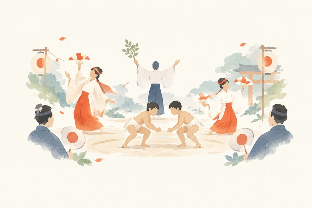 日吉神社の庭の舞をテーマにした祭りのイメージ